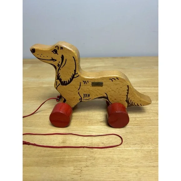 Vintage Steiff Wooden Dog Dachshund on Red Wheels with ID And Pull String